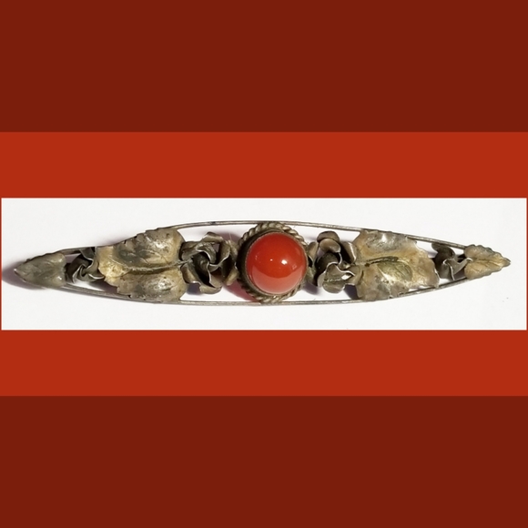 Vintage Jewelry - Antique bar pin arts and crafts style orange cabochon leaves